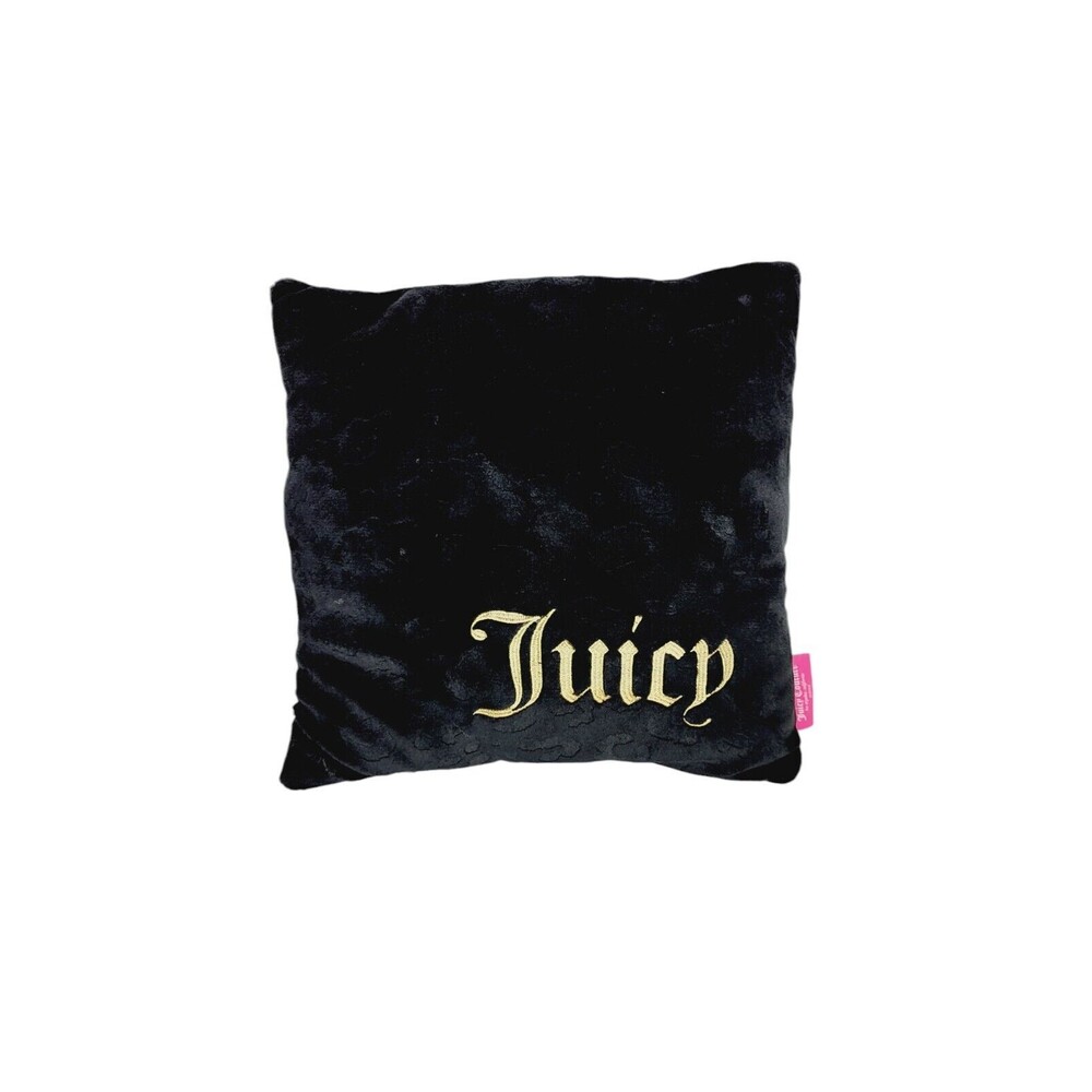 VTG Y2K Juicy Couture Black Velour Velvet Metallic Gold Embroidered Toss Pillow